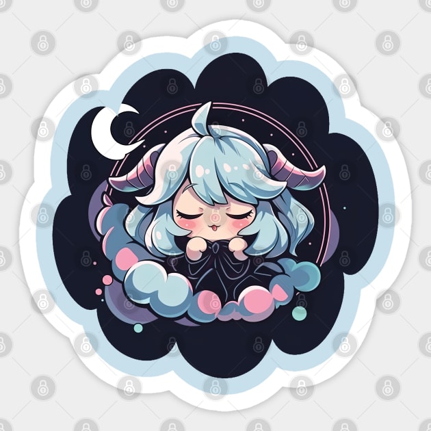 Adorable Anime Chibi Capricorn Zodiac Sleeping Little Astro Girl Sticker by The Little Store Of Magic